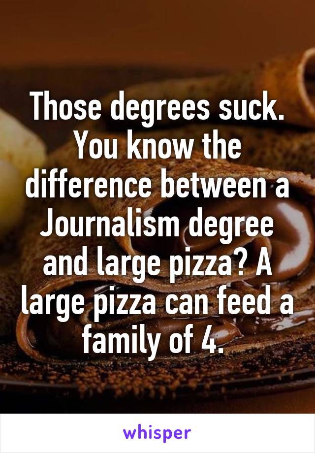 Those degrees suck. You know the difference between a Journalism degree and large pizza? A large pizza can feed a family of 4. 