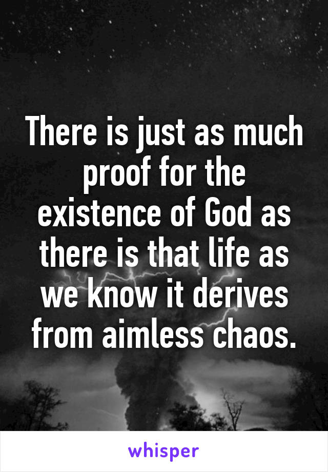 There is just as much proof for the existence of God as there is that life as we know it derives from aimless chaos.