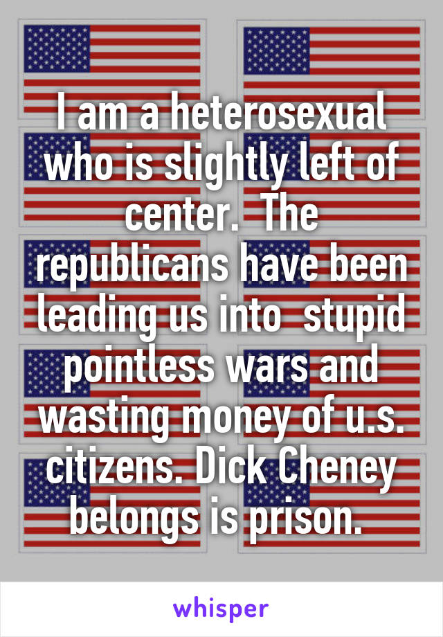 I am a heterosexual who is slightly left of center.  The republicans have been leading us into  stupid pointless wars and wasting money of u.s. citizens. Dick Cheney belongs is prison. 