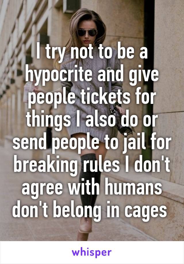 I try not to be a hypocrite and give people tickets for things I also do or send people to jail for breaking rules I don't agree with humans don't belong in cages 