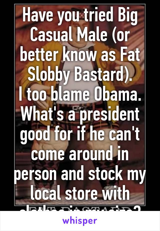 Have you tried Big Casual Male (or better know as Fat Slobby Bastard).
I too blame Obama. What's a president good for if he can't come around in person and stock my local store with clothes in my size?