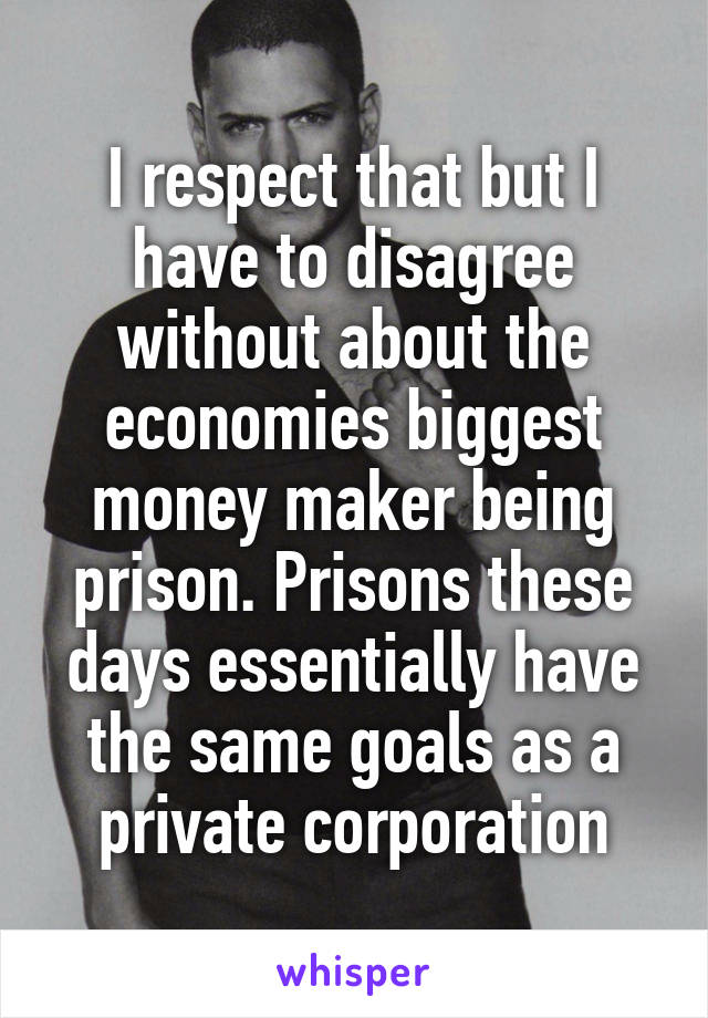 I respect that but I have to disagree without about the economies biggest money maker being prison. Prisons these days essentially have the same goals as a private corporation