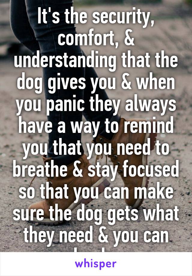 It's the security, comfort, & understanding that the dog gives you & when you panic they always have a way to remind you that you need to breathe & stay focused so that you can make sure the dog gets what they need & you can calm down