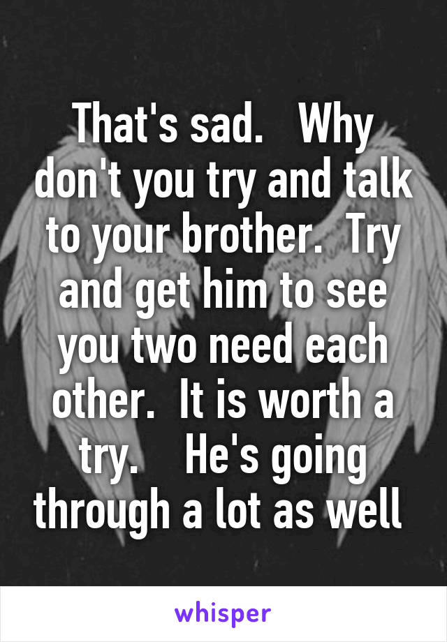 That's sad.   Why don't you try and talk to your brother.  Try and get him to see you two need each other.  It is worth a try.    He's going through a lot as well 