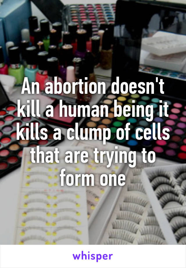 An abortion doesn't kill a human being it kills a clump of cells that are trying to form one