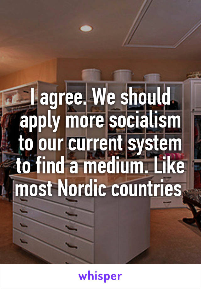 I agree. We should apply more socialism to our current system to find a medium. Like most Nordic countries 