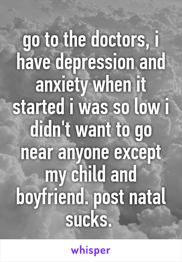 go to the doctors, i have depression and anxiety when it started i was so low i didn't want to go near anyone except my child and boyfriend. post natal sucks. 