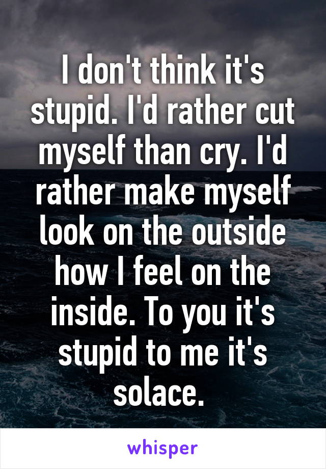 I don't think it's stupid. I'd rather cut myself than cry. I'd rather make myself look on the outside how I feel on the inside. To you it's stupid to me it's solace. 