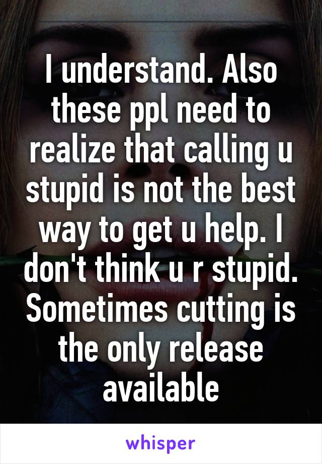 I understand. Also these ppl need to realize that calling u stupid is not the best way to get u help. I don't think u r stupid. Sometimes cutting is the only release available