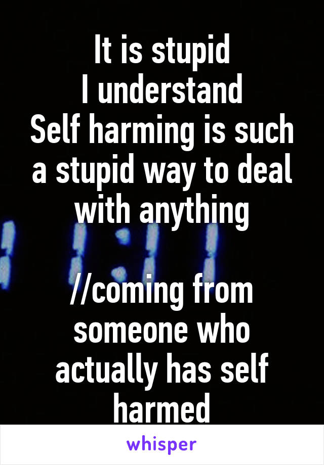 It is stupid
I understand
Self harming is such a stupid way to deal with anything

//coming from someone who actually has self harmed