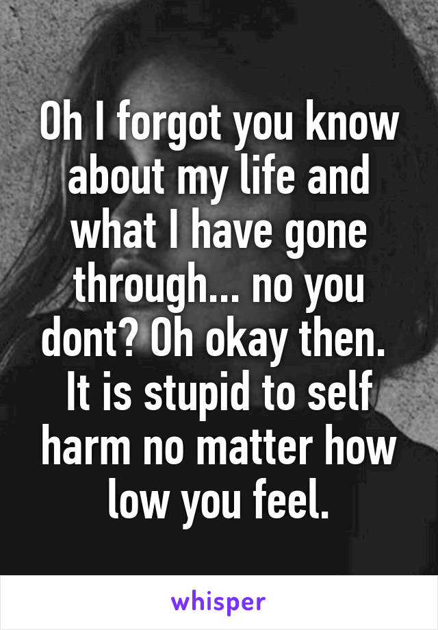 Oh I forgot you know about my life and what I have gone through... no you dont? Oh okay then.  It is stupid to self harm no matter how low you feel.