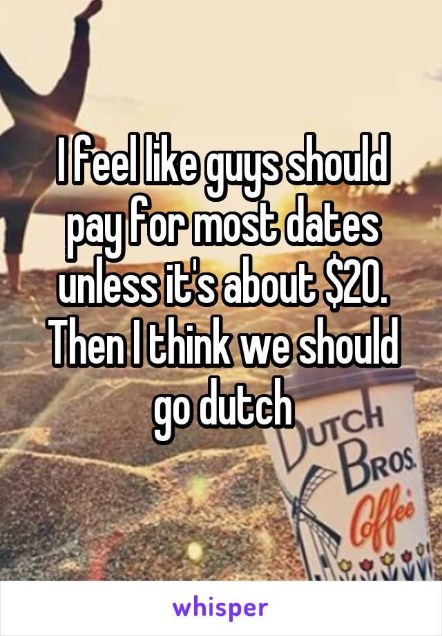 I feel like guys should pay for most dates unless it's about $20. Then I think we should go dutch
