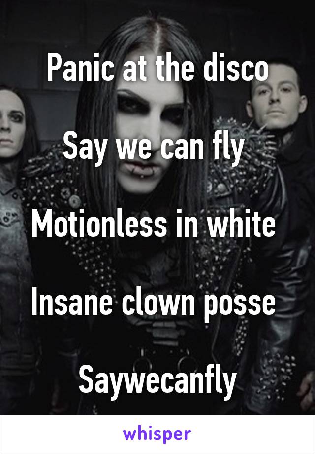 Panic at the disco

Say we can fly 

Motionless in white 

Insane clown posse 

Saywecanfly