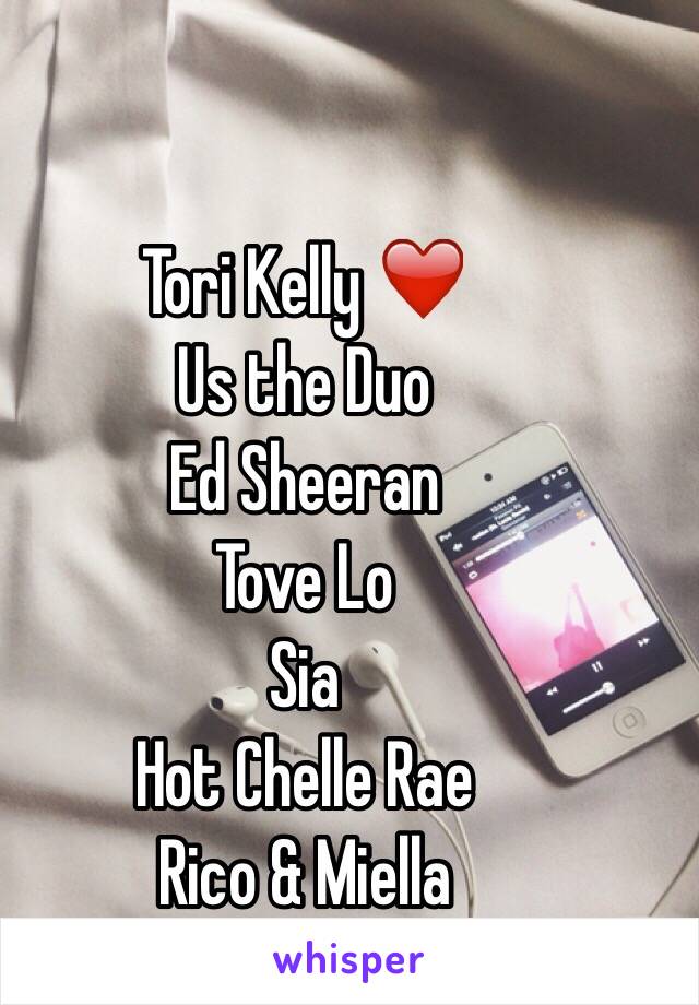 Tori Kelly ❤️
Us the Duo
Ed Sheeran
Tove Lo
Sia
Hot Chelle Rae
Rico & Miella