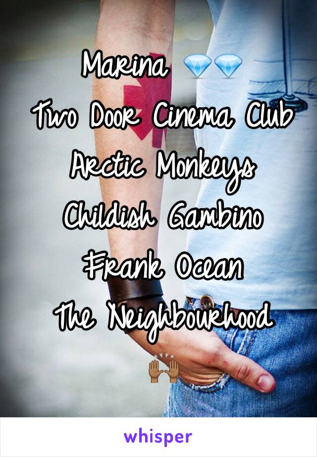 Marina 💎💎
Two Door Cinema Club
Arctic Monkeys 
Childish Gambino 
Frank Ocean 
The Neighbourhood
🙌🏾 