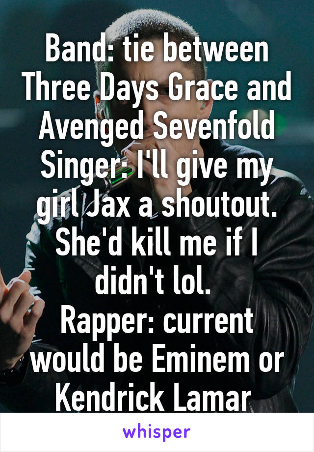 Band: tie between Three Days Grace and Avenged Sevenfold
Singer: I'll give my girl Jax a shoutout. She'd kill me if I didn't lol. 
Rapper: current would be Eminem or Kendrick Lamar 