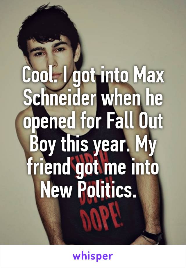 Cool. I got into Max Schneider when he opened for Fall Out Boy this year. My friend got me into New Politics.  