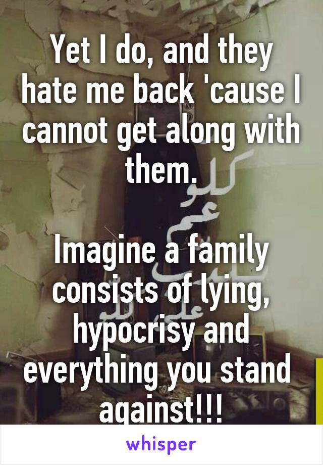 Yet I do, and they hate me back 'cause I cannot get along with them.

Imagine a family consists of lying, hypocrisy and everything you stand  against!!!