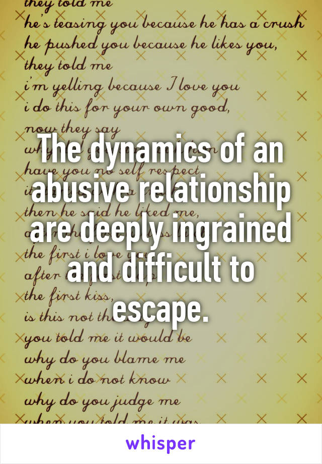 The dynamics of an abusive relationship are deeply ingrained and difficult to escape.