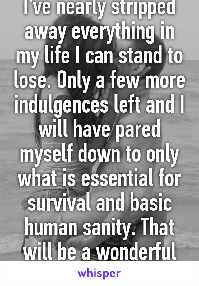I've nearly stripped away everything in my life I can stand to lose. Only a few more indulgences left and I will have pared myself down to only what is essential for survival and basic human sanity. That will be a wonderful day. 
