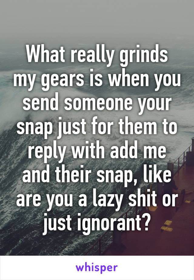 What really grinds my gears is when you send someone your snap just for them to reply with add me and their snap, like are you a lazy shit or just ignorant?