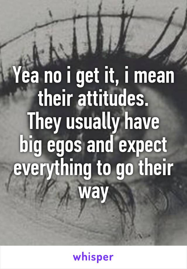 Yea no i get it, i mean their attitudes.
They usually have big egos and expect everything to go their way