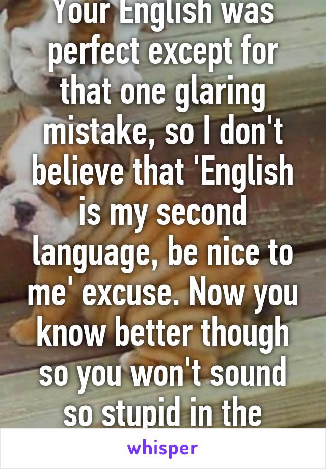 Your English was perfect except for that one glaring mistake, so I don't believe that 'English is my second language, be nice to me' excuse. Now you know better though so you won't sound so stupid in the future :) 