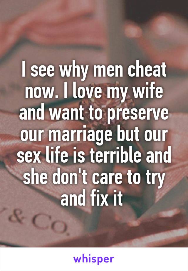 I see why men cheat now. I love my wife and want to preserve our marriage but our sex life is terrible and she don't care to try and fix it 