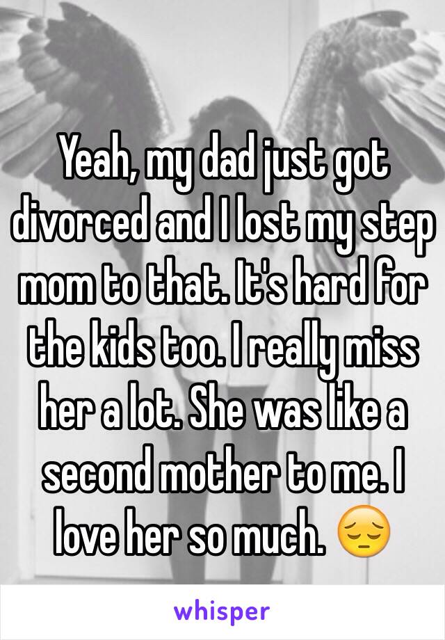 Yeah, my dad just got divorced and I lost my step mom to that. It's hard for the kids too. I really miss her a lot. She was like a second mother to me. I love her so much. 😔