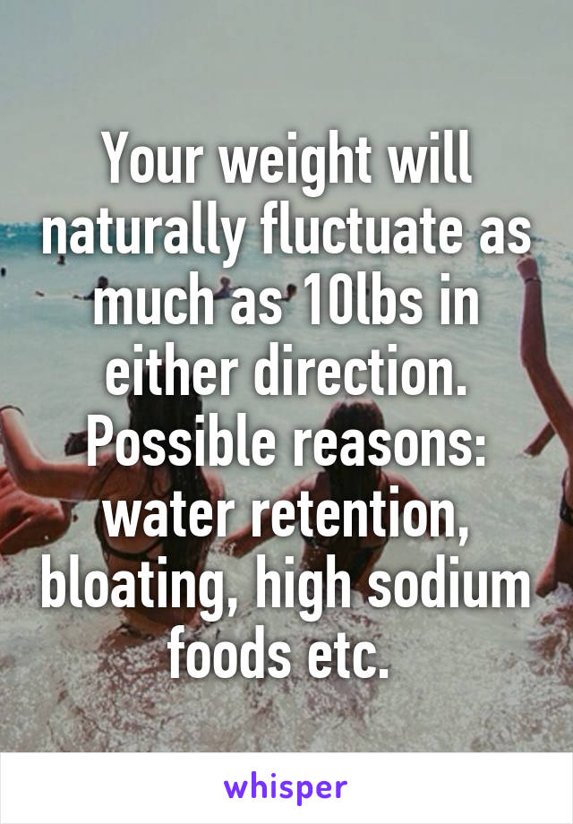 Your weight will naturally fluctuate as much as 10lbs in either direction.
Possible reasons: water retention, bloating, high sodium foods etc. 
