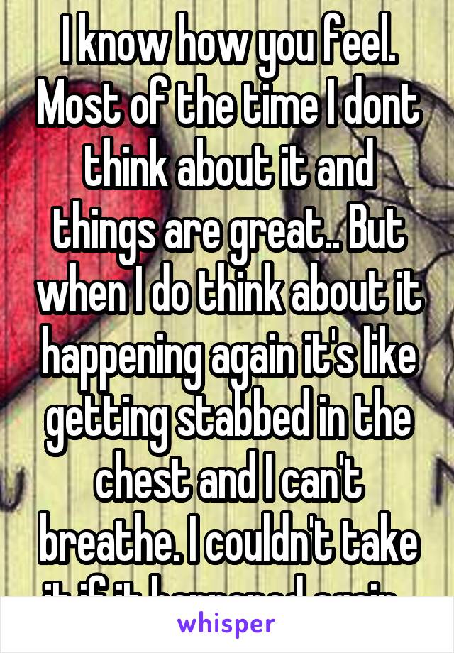 I know how you feel. Most of the time I dont think about it and things are great.. But when I do think about it happening again it's like getting stabbed in the chest and I can't breathe. I couldn't take it if it happened again  