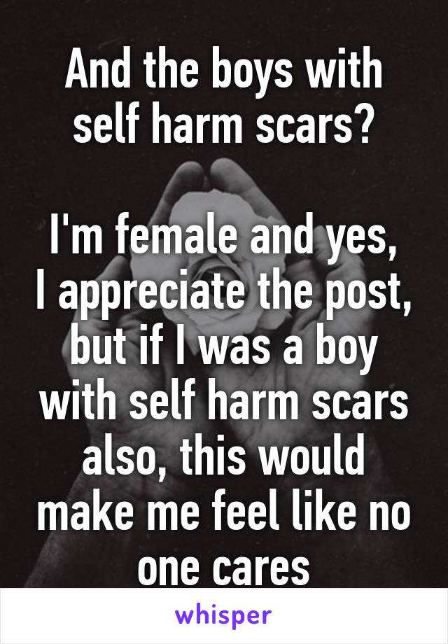 And the boys with self harm scars?

I'm female and yes, I appreciate the post, but if I was a boy with self harm scars also, this would make me feel like no one cares