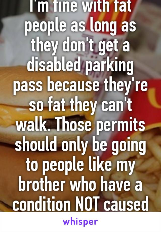 I'm fine with fat people as long as they don't get a disabled parking pass because they're so fat they can't walk. Those permits should only be going to people like my brother who have a condition NOT caused by being too fat.