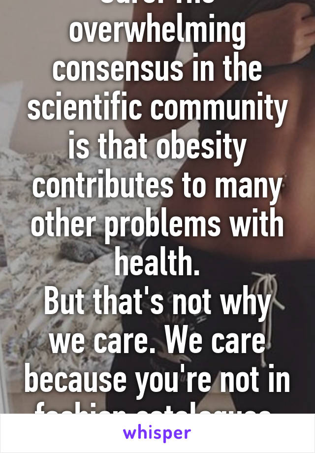 Sure. The overwhelming consensus in the scientific community is that obesity contributes to many other problems with health.
But that's not why we care. We care because you're not in fashion catalogues. /sarcasm