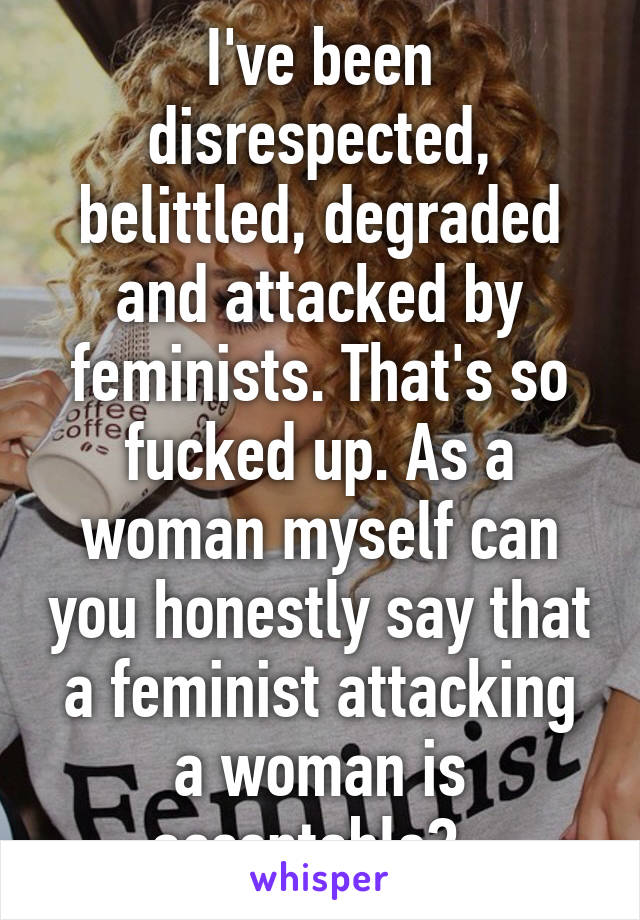 I've been disrespected, belittled, degraded and attacked by feminists. That's so fucked up. As a woman myself can you honestly say that a feminist attacking a woman is acceptable?  