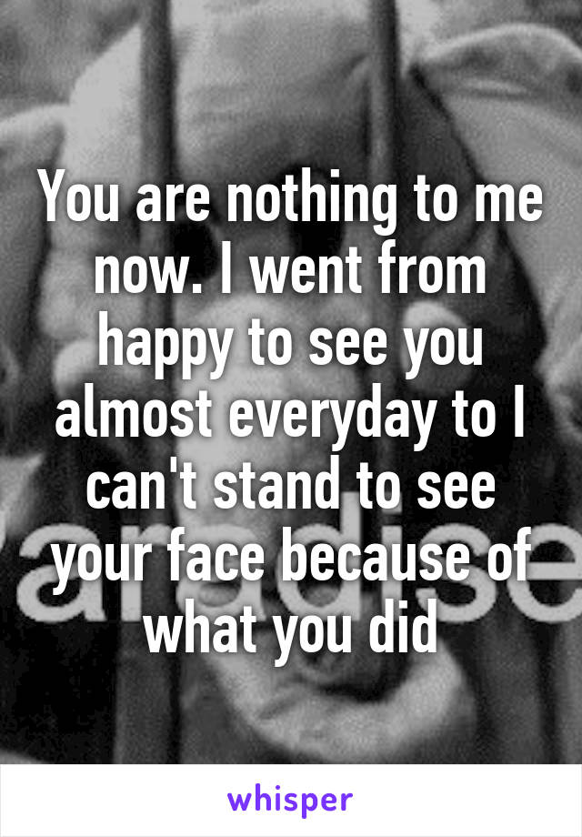 You are nothing to me now. I went from happy to see you almost everyday to I can't stand to see your face because of what you did