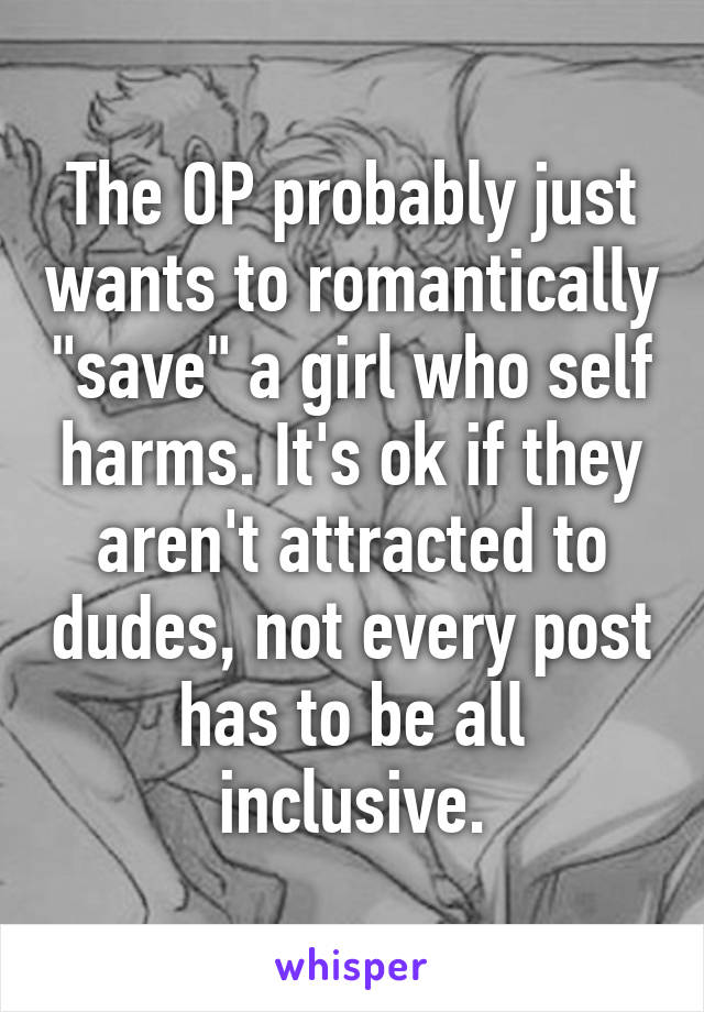 The OP probably just wants to romantically "save" a girl who self harms. It's ok if they aren't attracted to dudes, not every post has to be all inclusive.