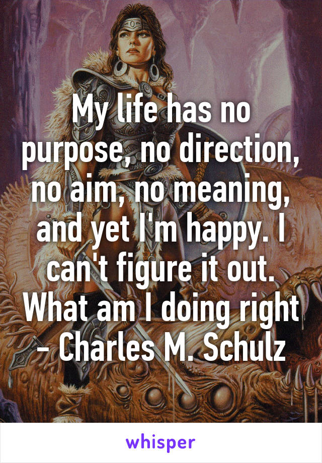 My life has no purpose, no direction, no aim, no meaning, and yet I'm happy. I can't figure it out. What am I doing right - Charles M. Schulz