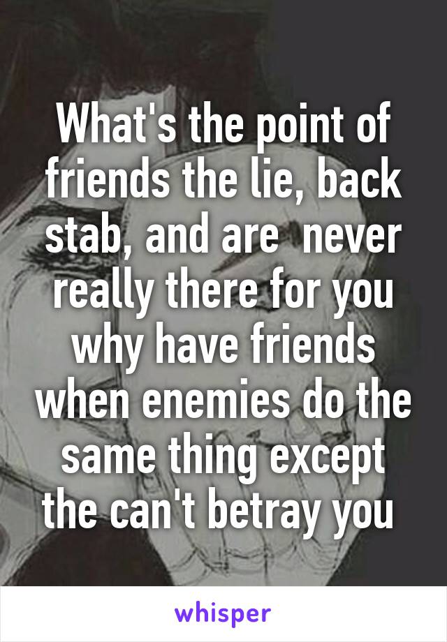 What's the point of friends the lie, back stab, and are  never really there for you why have friends when enemies do the same thing except the can't betray you 