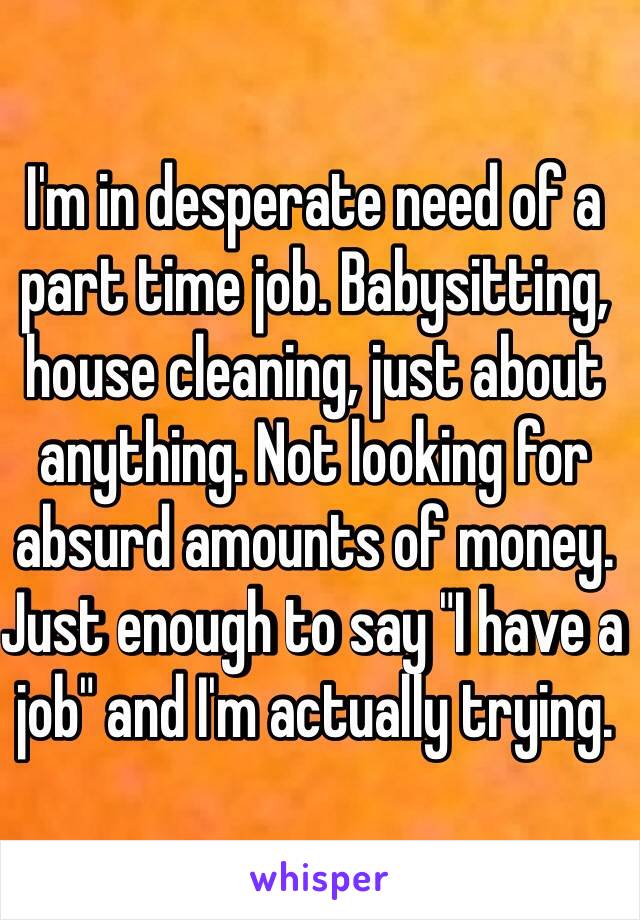 I'm in desperate need of a part time job. Babysitting, house cleaning, just about anything. Not looking for absurd amounts of money. Just enough to say "I have a job" and I'm actually trying. 