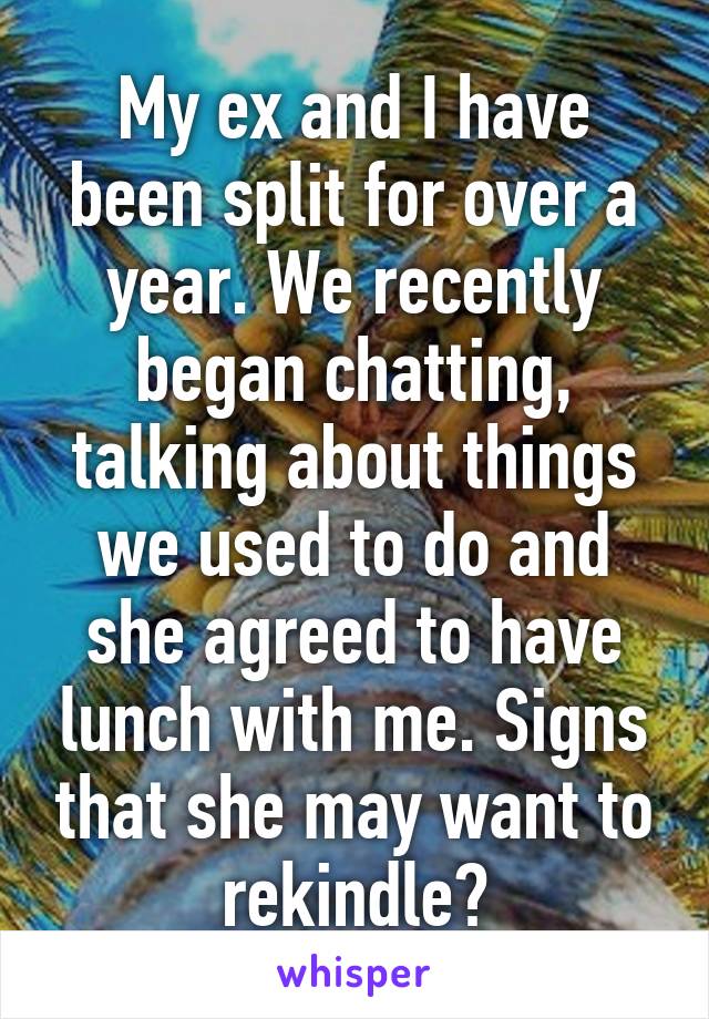 My ex and I have been split for over a year. We recently began chatting, talking about things we used to do and she agreed to have lunch with me. Signs that she may want to rekindle?