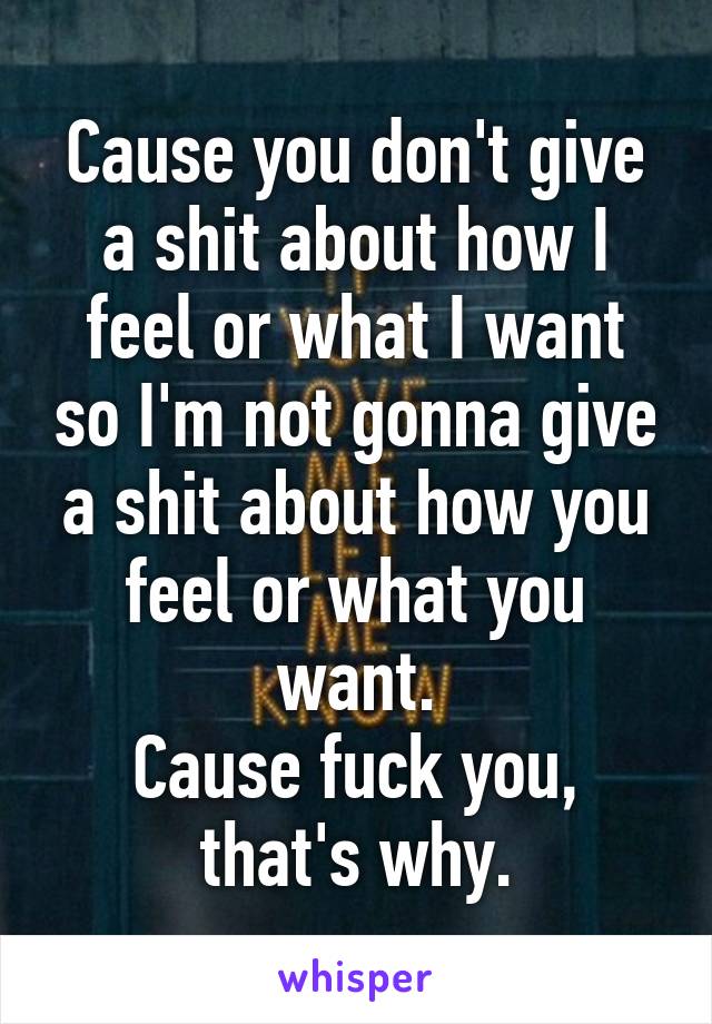 Cause you don't give a shit about how I feel or what I want so I'm not gonna give a shit about how you feel or what you want.
Cause fuck you, that's why.