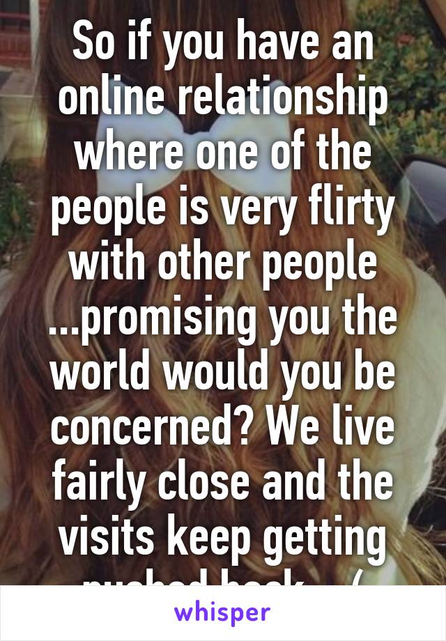 So if you have an online relationship where one of the people is very flirty with other people ...promising you the world would you be concerned? We live fairly close and the visits keep getting pushed back.. :(