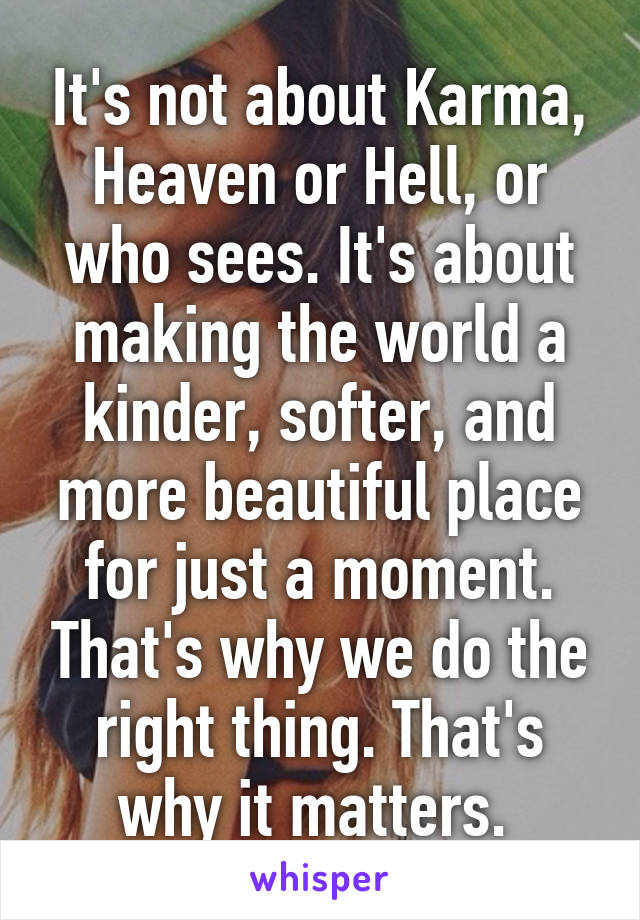 It's not about Karma, Heaven or Hell, or who sees. It's about making the world a kinder, softer, and more beautiful place for just a moment. That's why we do the right thing. That's why it matters. 