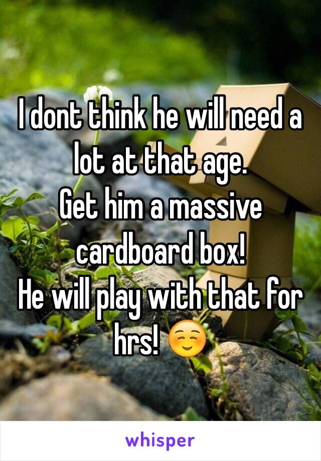 I dont think he will need a lot at that age.
Get him a massive cardboard box!
He will play with that for hrs! ☺️