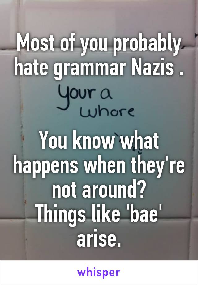 Most of you probably hate grammar Nazis .


You know what happens when they're not around?
Things like 'bae' arise.