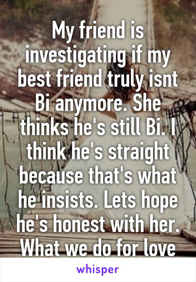 My friend is investigating if my best friend truly isnt Bi anymore. She thinks he's still Bi. I think he's straight because that's what he insists. Lets hope he's honest with her. What we do for love