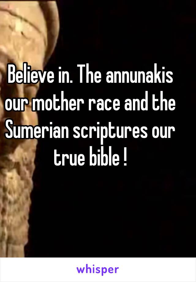 Believe in. The annunakis our mother race and the Sumerian scriptures our true bible ! 