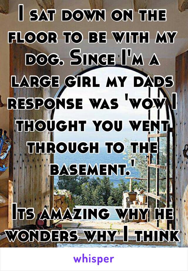 I sat down on the floor to be with my dog. Since I'm a large girl my dads response was 'wow I thought you went through to the basement.'

Its amazing why he wonders why I think he's a cunt.
