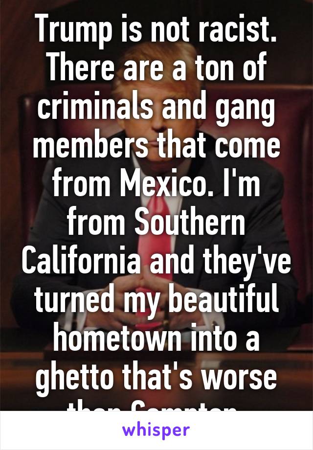 Trump is not racist. There are a ton of criminals and gang members that come from Mexico. I'm from Southern California and they've turned my beautiful hometown into a ghetto that's worse than Compton 